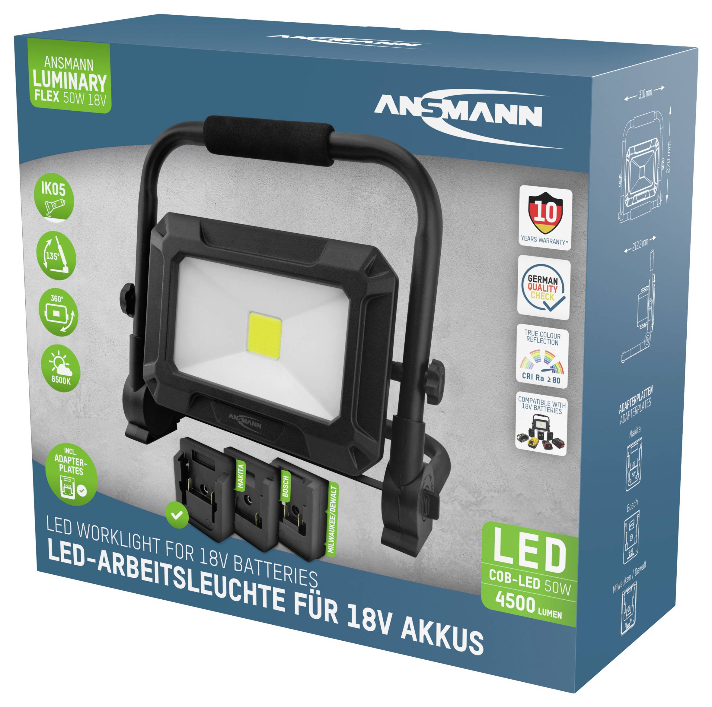 'Ansmann Luminary Flex 50W 18V' LED worklight packaging, showcasing features like battery compatibility, brightness, and product warranty.