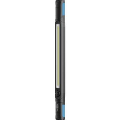 A slender, rectangular black flashlight with a long, bright LED strip along the center and blue accents at both ends.