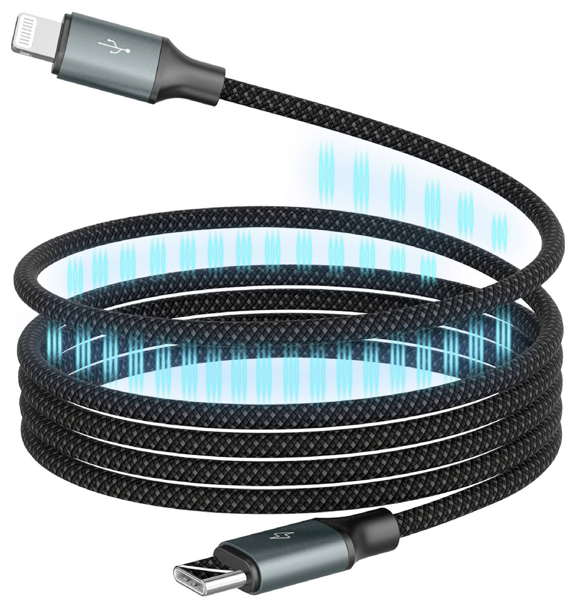 A coiled black charging cable with blue glowing accents, featuring Lightning and USB connectors.