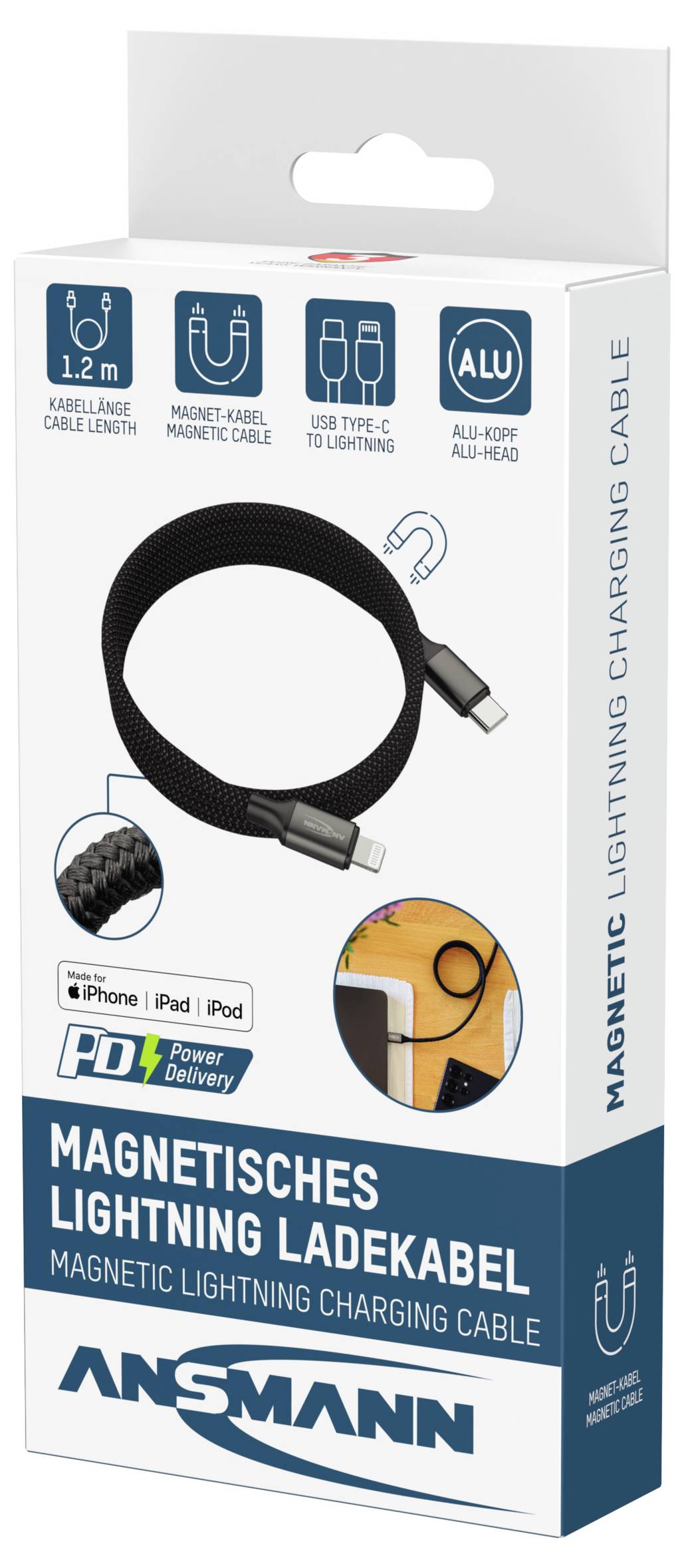 Packaging of a 1.2m magnetic lightning charging cable showing cable details, USB Type-C compatibility, and 'Ansmann' branding.