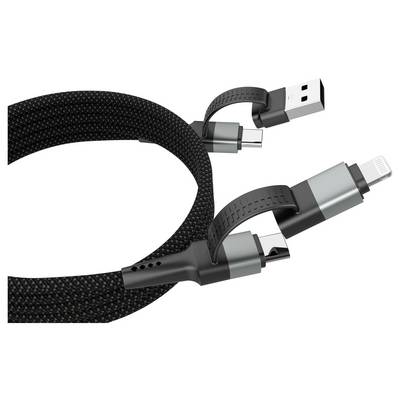 A black braided charging cable with three connectors: USB-A, USB-C, and Lightning, designed for versatile device compatibility.