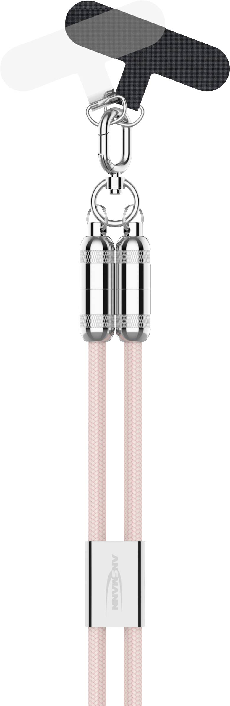 A pink and silver phone lanyard with adjustable strap and clip attachment, designed for securing and carrying mobile devices hands-free.