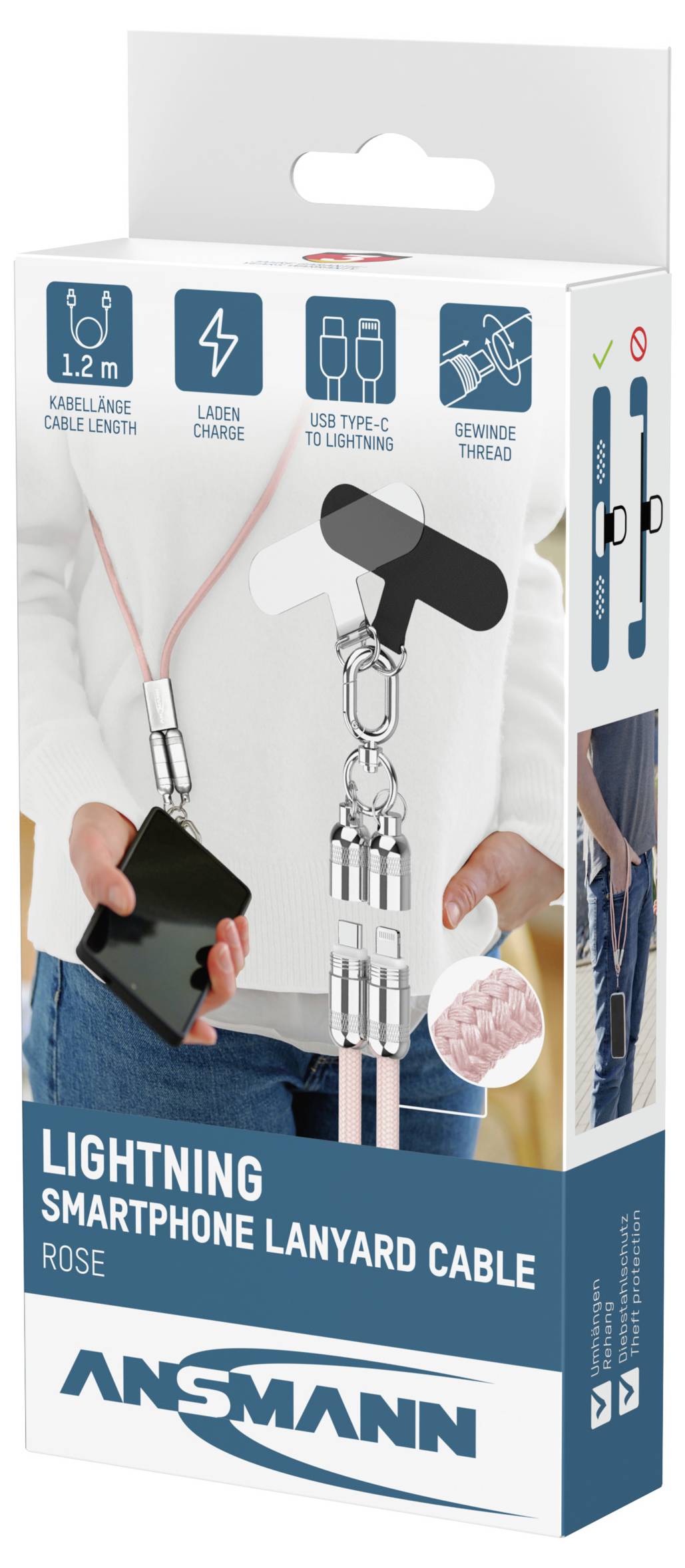 'Ansmann Lightning Smartphone Lanyard Cable, Rose, 1.2m.' Image shows packaging with cable used as a wearable smartphone strap.