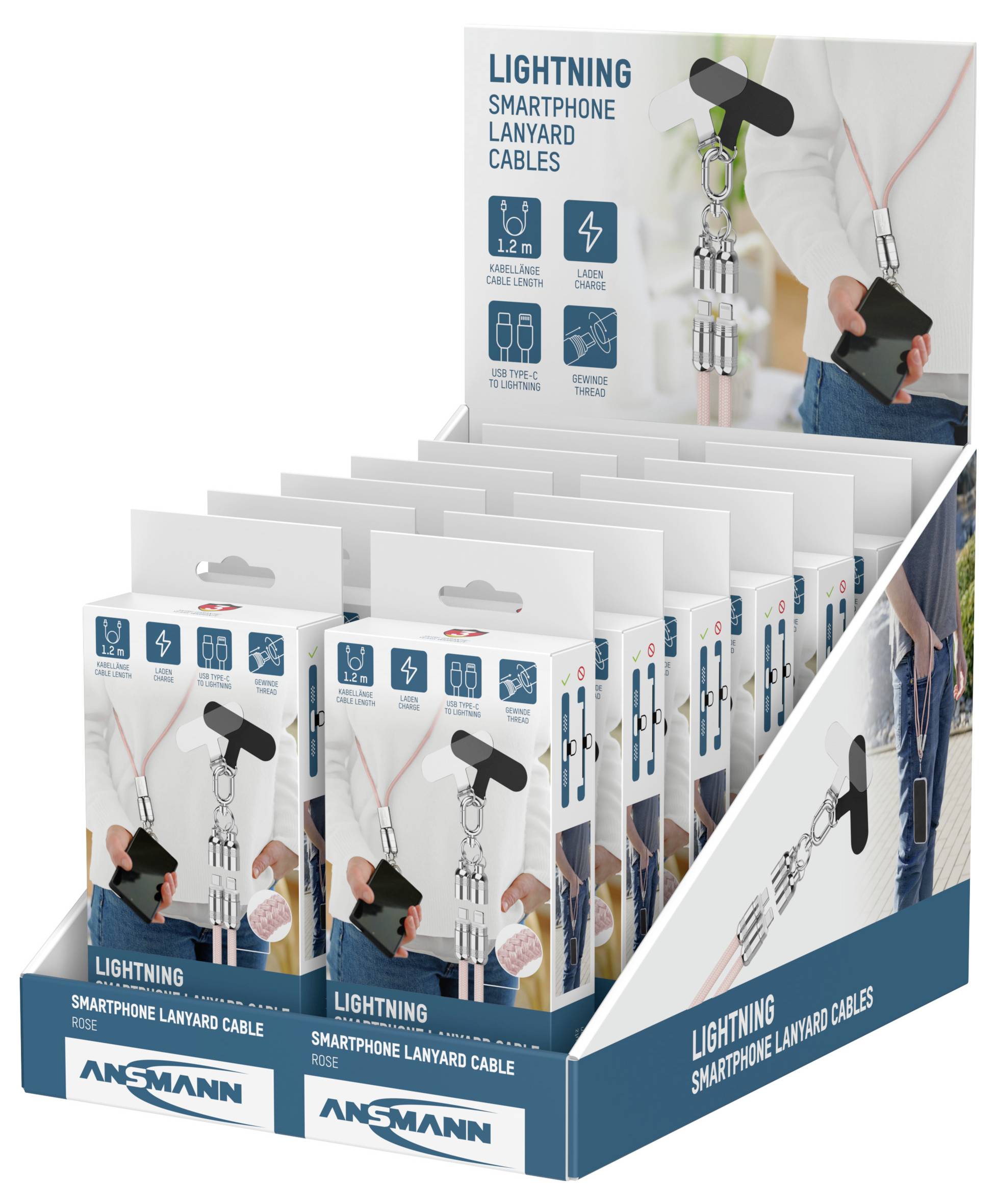 Display of Ansmann lightning smartphone lanyard cables in a retail box. Each package shows a coiled cable connecting to a phone.