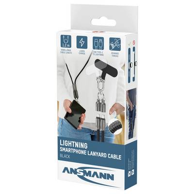 'Lightning Smartphone Lanyard Cable, Black' packaging shows a 1.2m cable used as a lanyard, compatible with USB Type-C to Lightning.