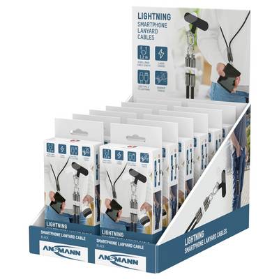 Display box containing 'Ansmann Lightning Smartphone Lanyard Cables' packages, showcasing a cable attached to a phone for convenience.
