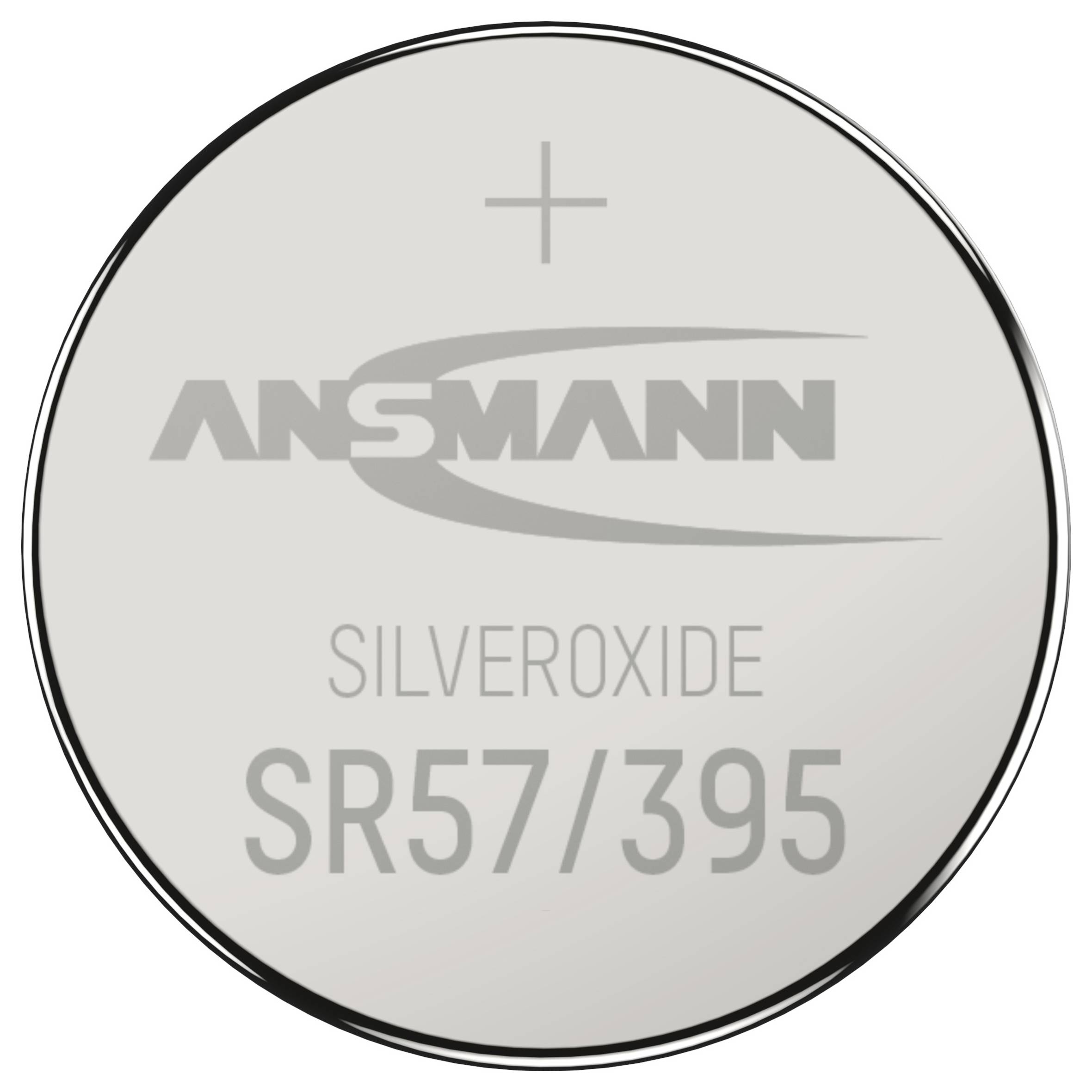 'Ansmann silver oxide battery SR57/395' is printed on a round battery with a plus sign indicating polarity.