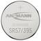 'Ansmann silver oxide battery SR57/395' is printed on a round battery with a plus sign indicating polarity.