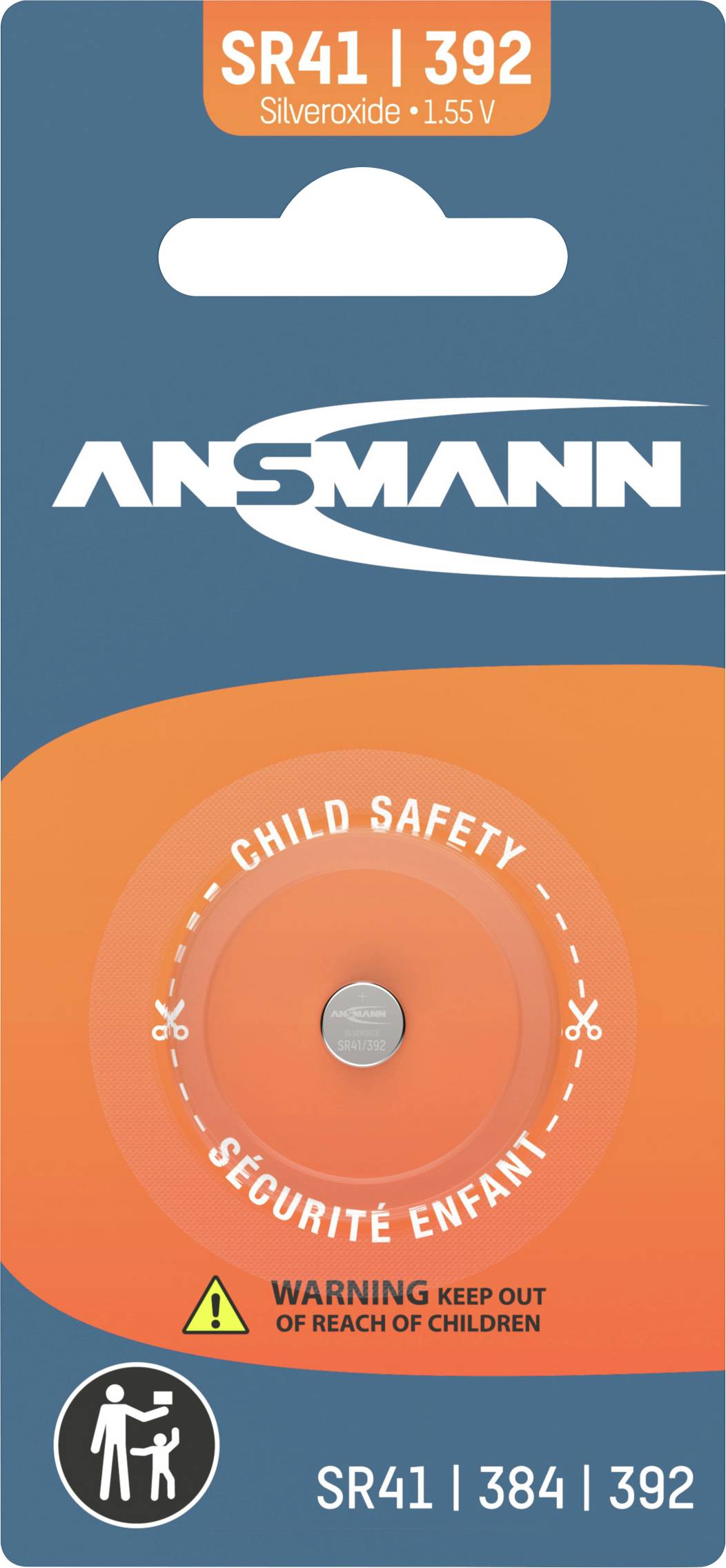 'Ansmann SR41 | 392 battery package with child safety feature and warning to keep out of reach of children.'