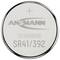 'Silver Oxide SR41/392 battery by Ansmann with plus sign on top. Cylindrical shape used for small electronics.'
