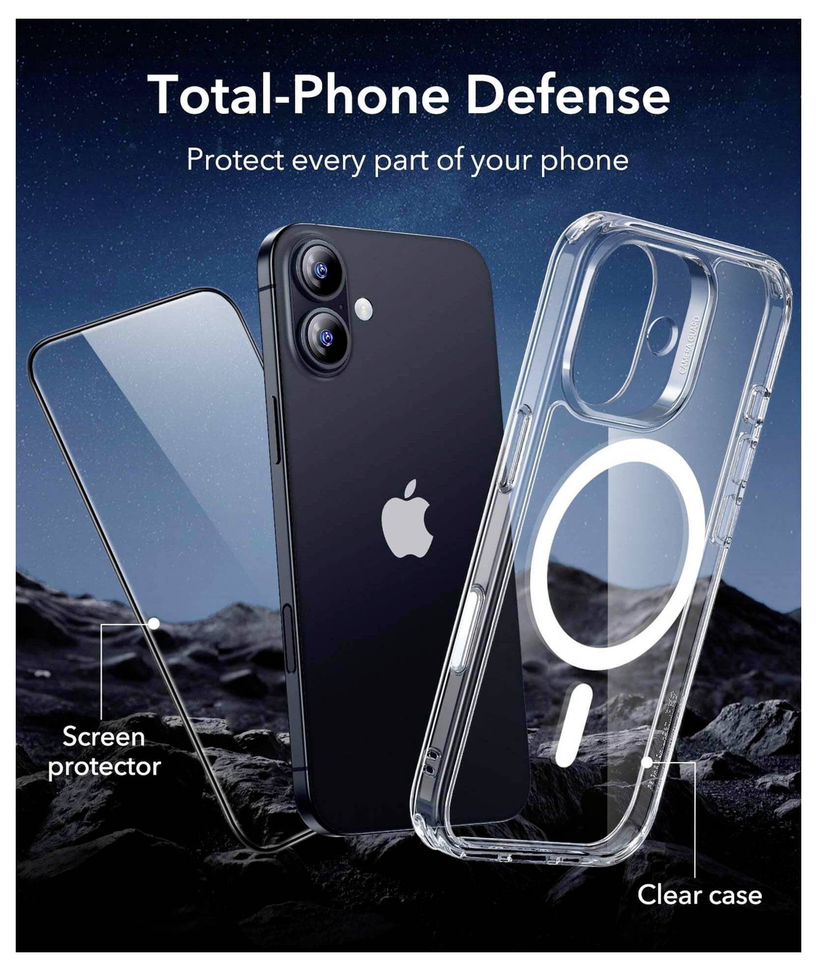 'Total-Phone Defense' phone accessories ad featuring a phone, screen protector, and clear case on a dark textured background.