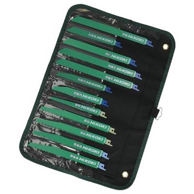A set of 12 green HiKOKI reciprocating saw blades in a black fabric case, arranged in two rows.