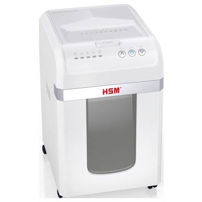 A white paper shredder with buttons and a transparent front panel showing shredded paper inside. The brand 'HSM' is visible on the front.