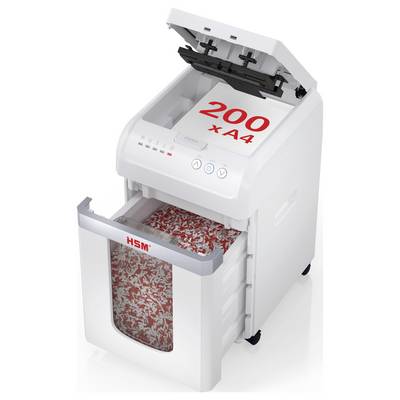 'A white paper shredder with a 200x A4 capacity, open lid revealing shredding mechanism, red shredded paper visible in the pull-out bin.'