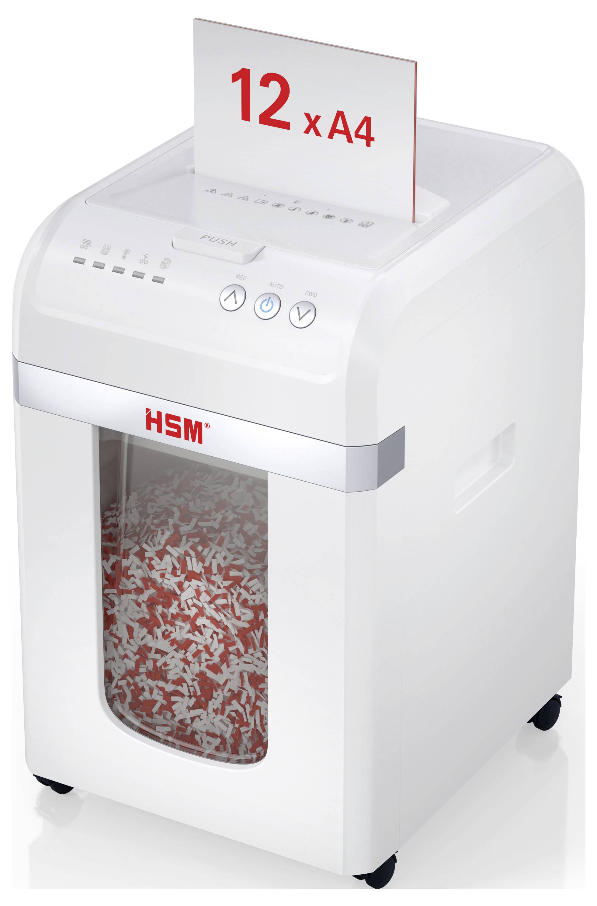 White paper shredder with clear front window showing shredded red and white paper. A sign on top reads '12 x A4'.