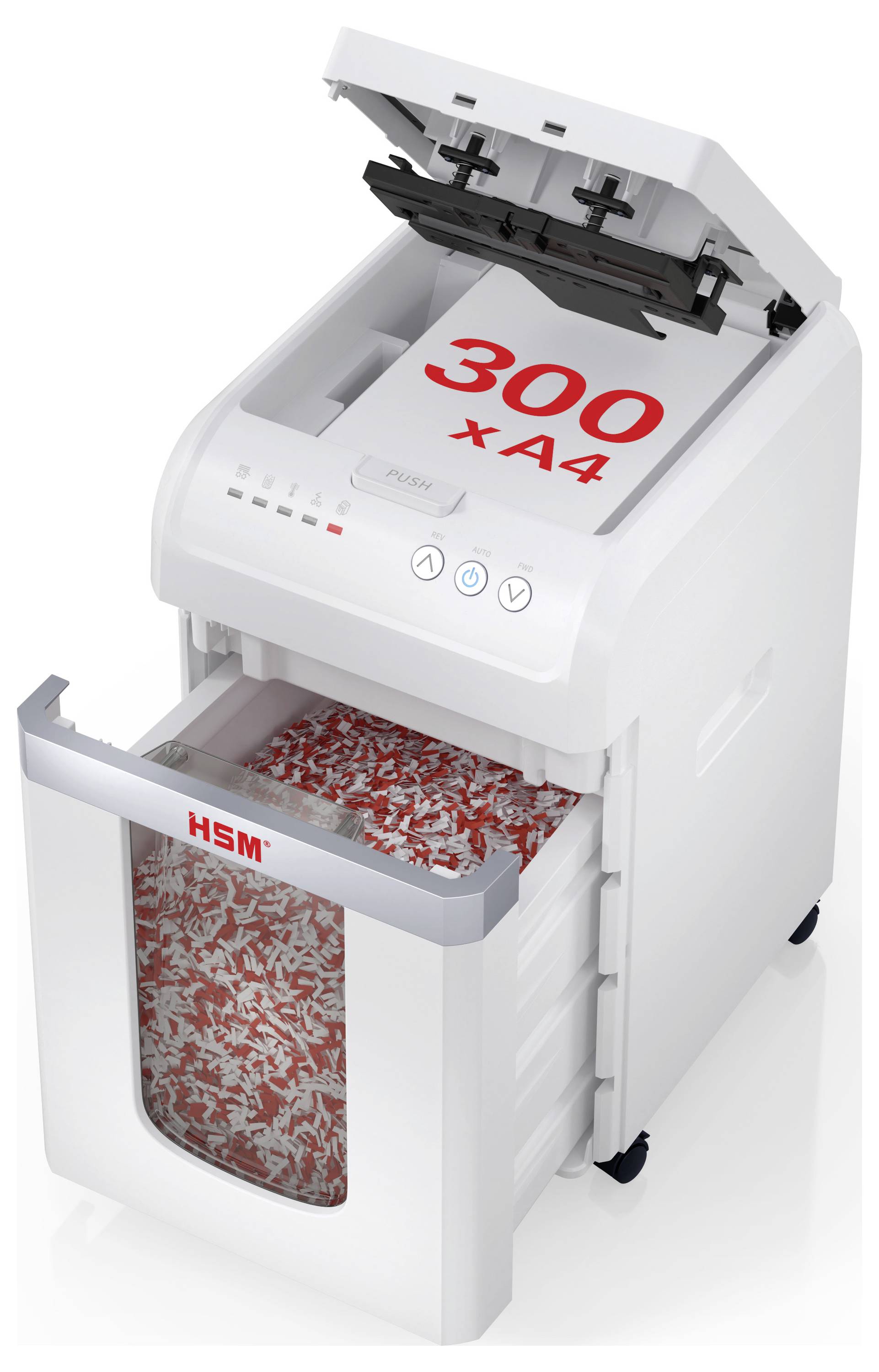 A white paper shredder with opened top showing capacity '300 x A4' and a bin filled with shredded red and white paper, labeled 'HSM'.