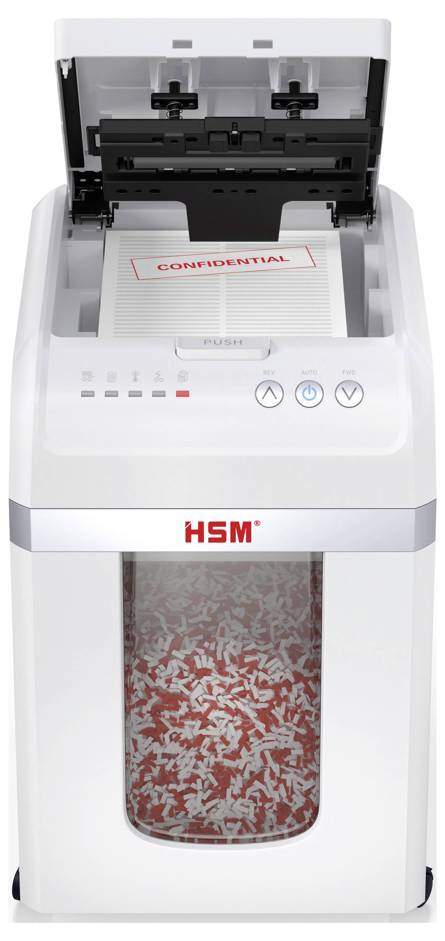 A document shredder with shredded paper visible in the bin below. A sheet marked 'CONFIDENTIAL' is being shredded.