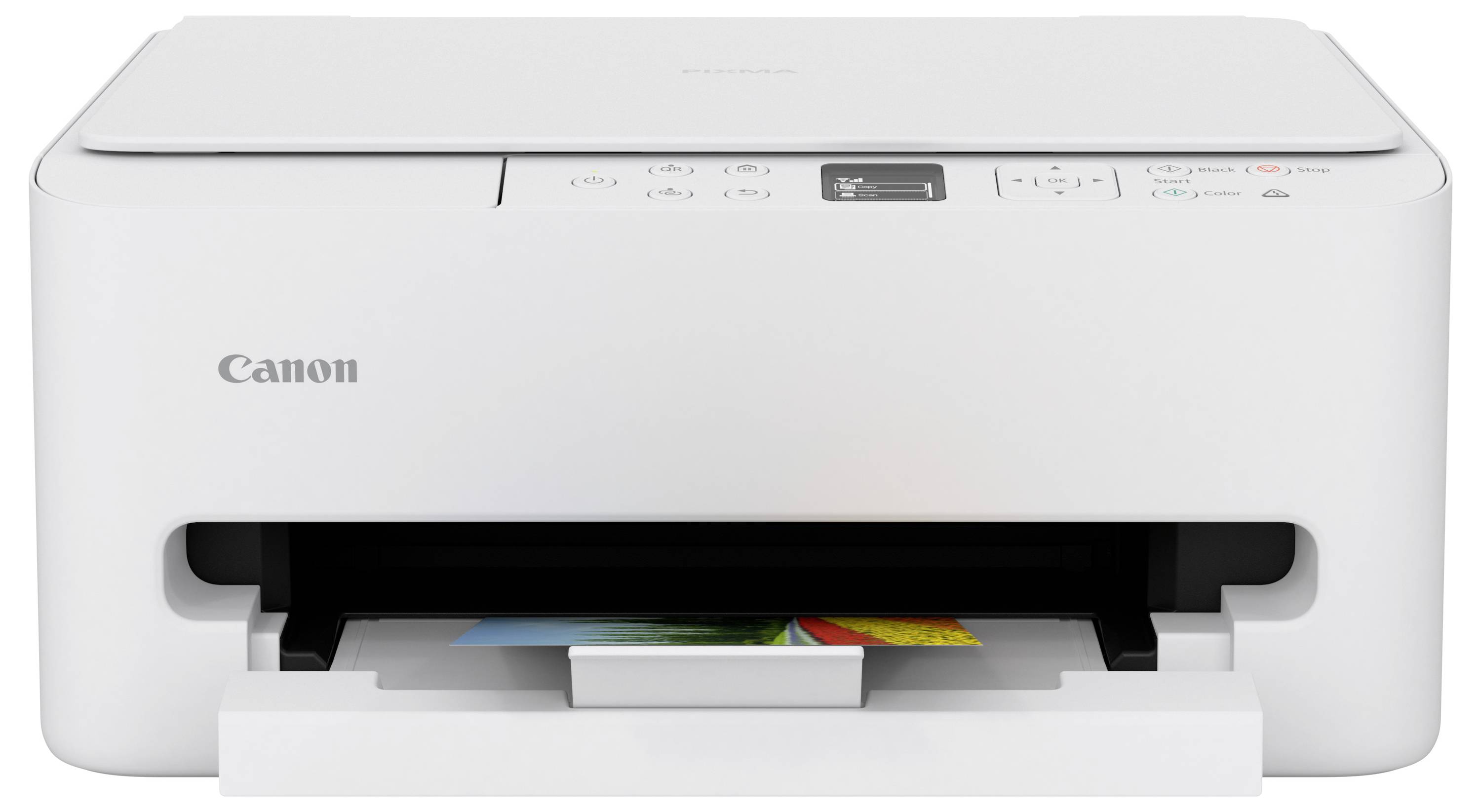 A white Canon home printer with a paper tray extended, displaying a printed color photo.