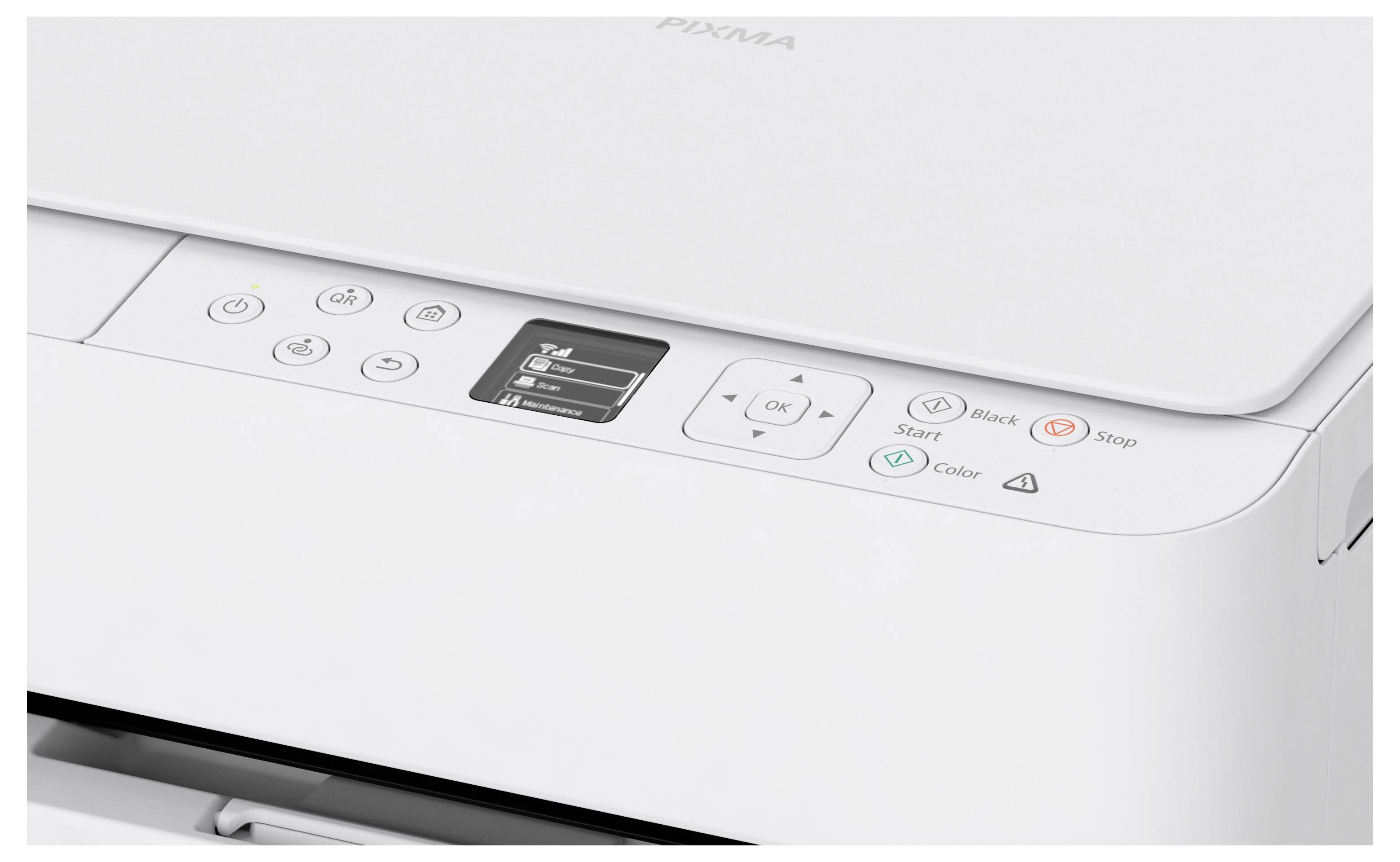 Close-up of a white printer's control panel, showing buttons for power, start, color, and black options, with a small display screen.