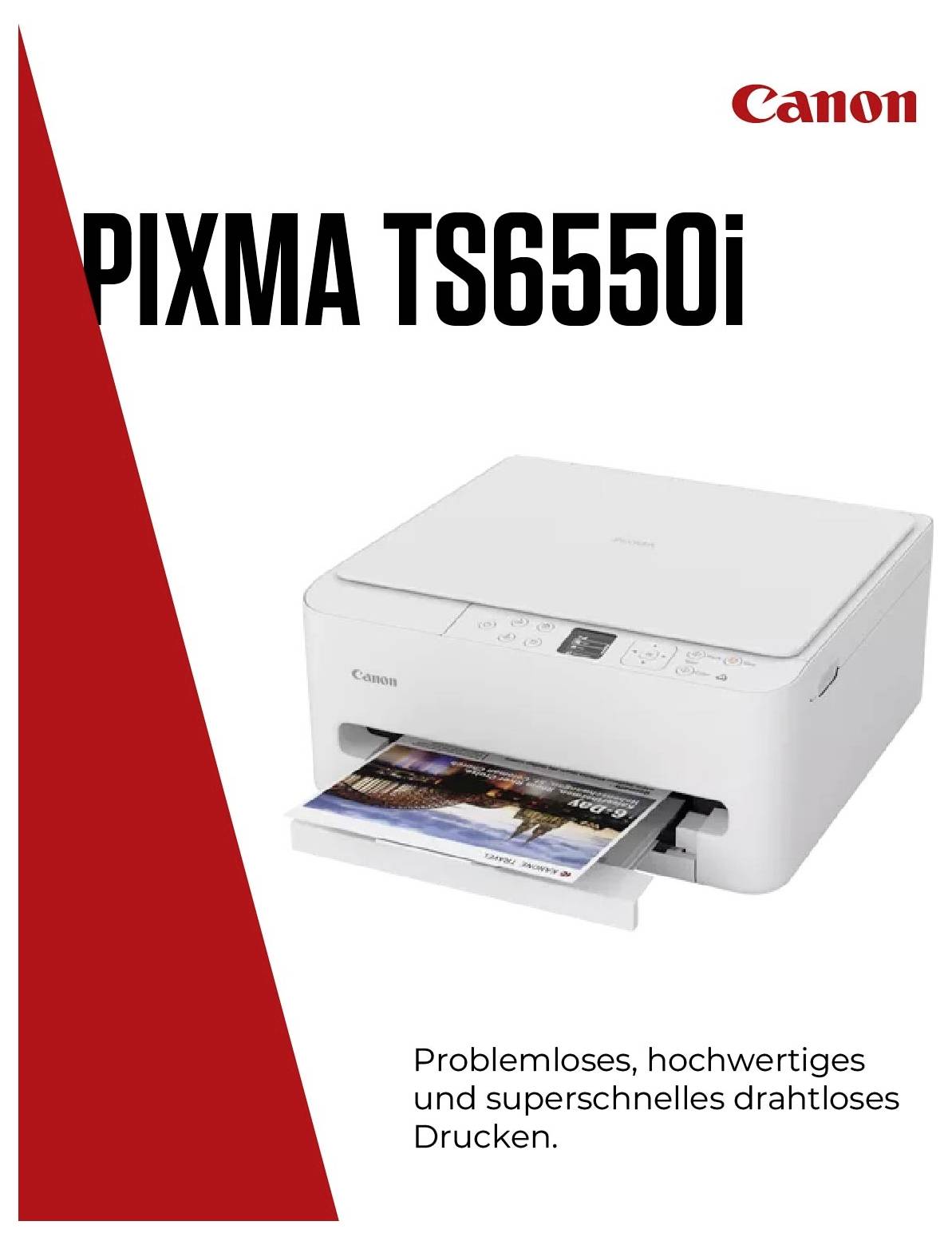 'Canon PIXMA TS6550i Printer in White with extended output tray. Text: Effortless, high-quality and super-fast wireless printing.'