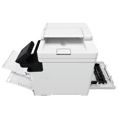 A multi-function printer with open paper trays is shown from a side angle, highlighting its paper intake and output paths.
