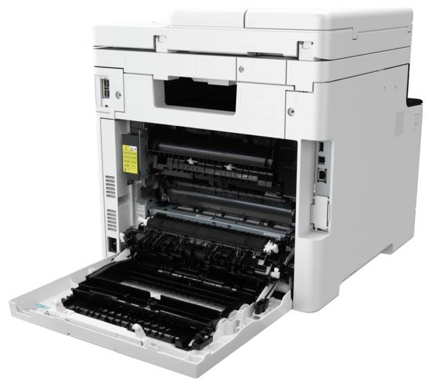 An open white office printer with its front panel exposed, revealing internal components like rollers and paper trays, ready for maintenance.
