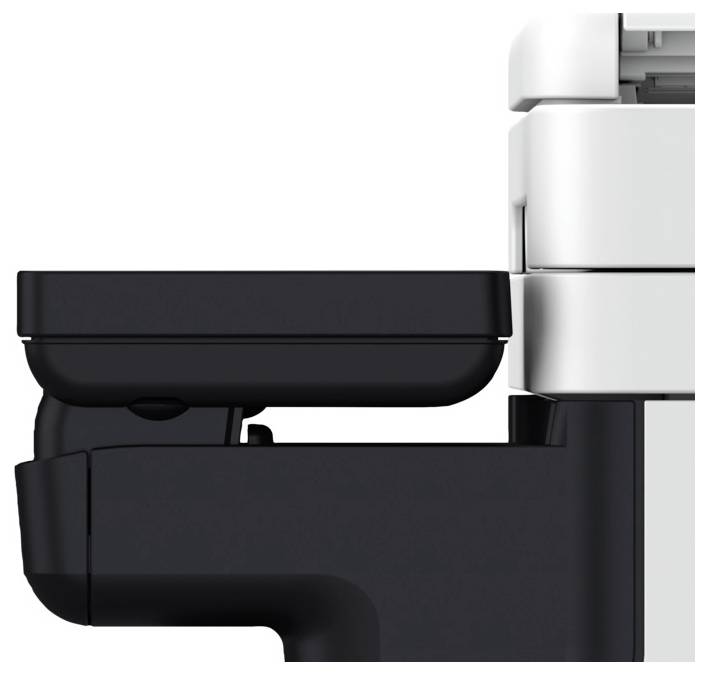 A side view of a black and white printer or copier, showing a paper output tray at the center and part of the main unit.