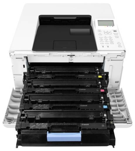 A laser printer with its front panel open, revealing four toner cartridges in black, cyan, magenta, and yellow for replacement or maintenance.