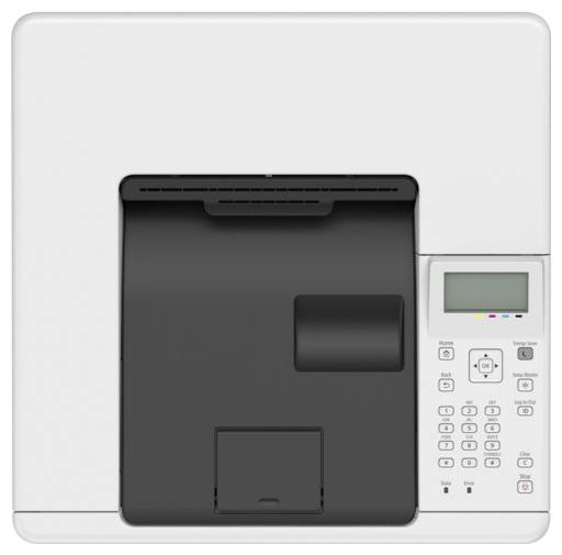 A top view of a white multifunction printer with control panel on the right, displaying buttons and a small screen for user interface.