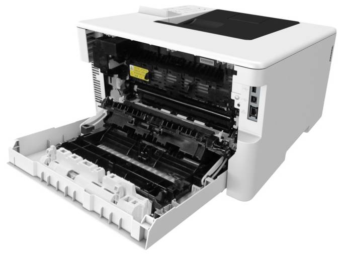 A white printer with its front panel open, revealing the internal rollers and paper feed mechanism. It is set on a plain white surface.