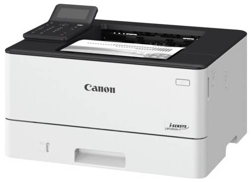 A Canon i-SENSYS laser printer with a document partially ejected, featuring a control panel on top.