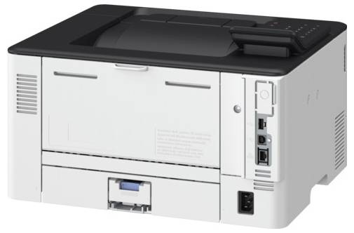 White desktop laser printer with a black top panel, featuring control buttons and connectivity ports on the side.