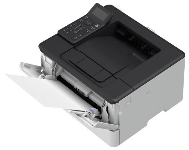 A black and gray office printer with an open paper tray and control panel on top, partially filled with white printing paper.