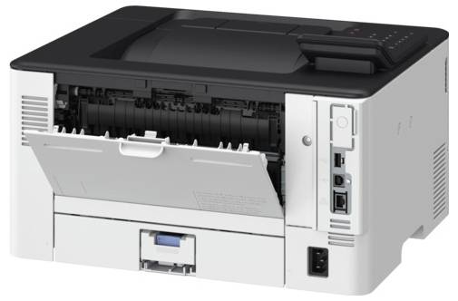A black and white office printer with an open front panel, revealing the internal paper and cartridge area, showing network and power ports on the side.