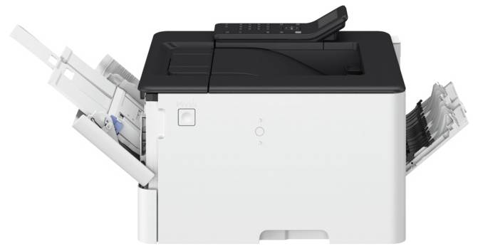 A compact black and white office printer with paper trays open, displaying input and output areas.