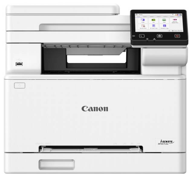A white Canon i-SENSYS multifunction printer with a touchscreen, showing various icons for printing, copying, and scanning functions.