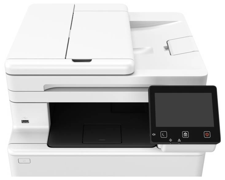 A modern multi-function printer with a touchscreen control panel, featuring scanning, printing, and copying capabilities.