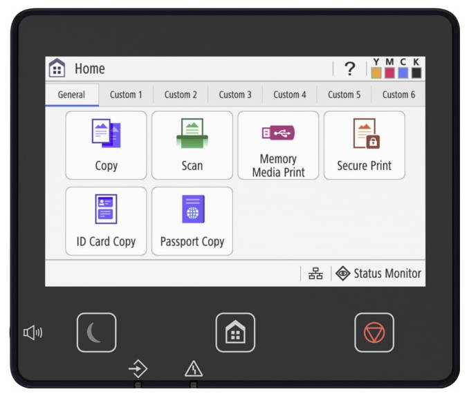 Printer control panel displaying functions: 'Copy', 'Scan', 'Memory Media Print', 'Secure Print', 'ID Card Copy', and 'Passport Copy'.