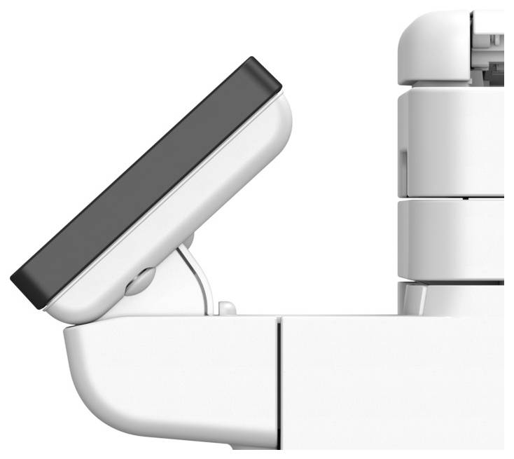 A white, adjustable phone or tablet stand with a black surface, shown in a side view, highlighting its hinge mechanism.