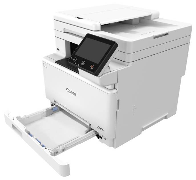 A white multi-function printer with a touchscreen and open paper tray, suitable for office use.