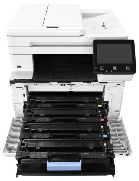A multifunction printer with an open tray displaying four toner cartridges. A digital display shows no information, indicating it's off.