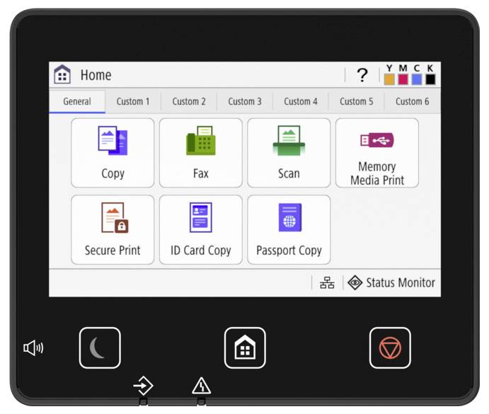 'Device control panel with options: Copy, Fax, Scan, Memory Media Print, Secure Print, ID Card Copy, Passport Copy, and Status Monitor.'