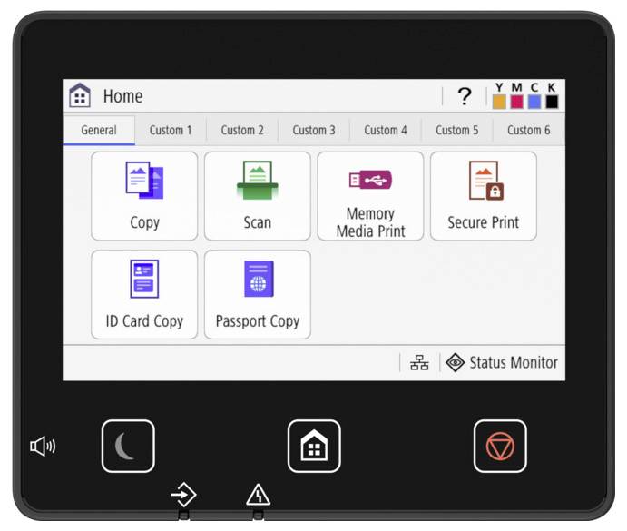 A touchscreen interface displaying options like 'Copy', 'Scan', 'Memory Media Print', 'Secure Print', 'ID Card Copy', and 'Passport Copy'.