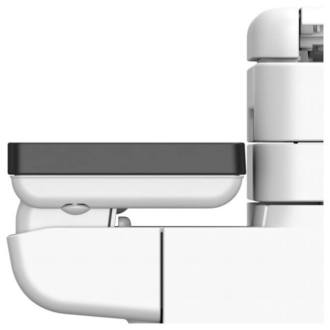 A close-up of a gray and white stapler, highlighting its side profile and closed position, with focus on its sleek, modern design.