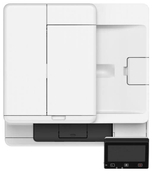 A white multifunction printer with a touchscreen control panel. The panel displays options for print, scan, copy, and settings.