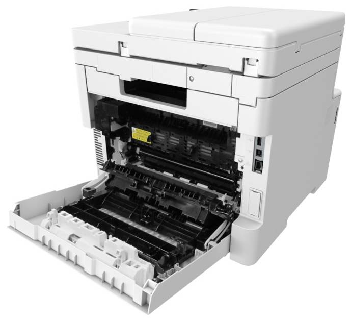 A white multifunction printer with its paper tray open, displaying internal rollers and components, ready for paper loading.
