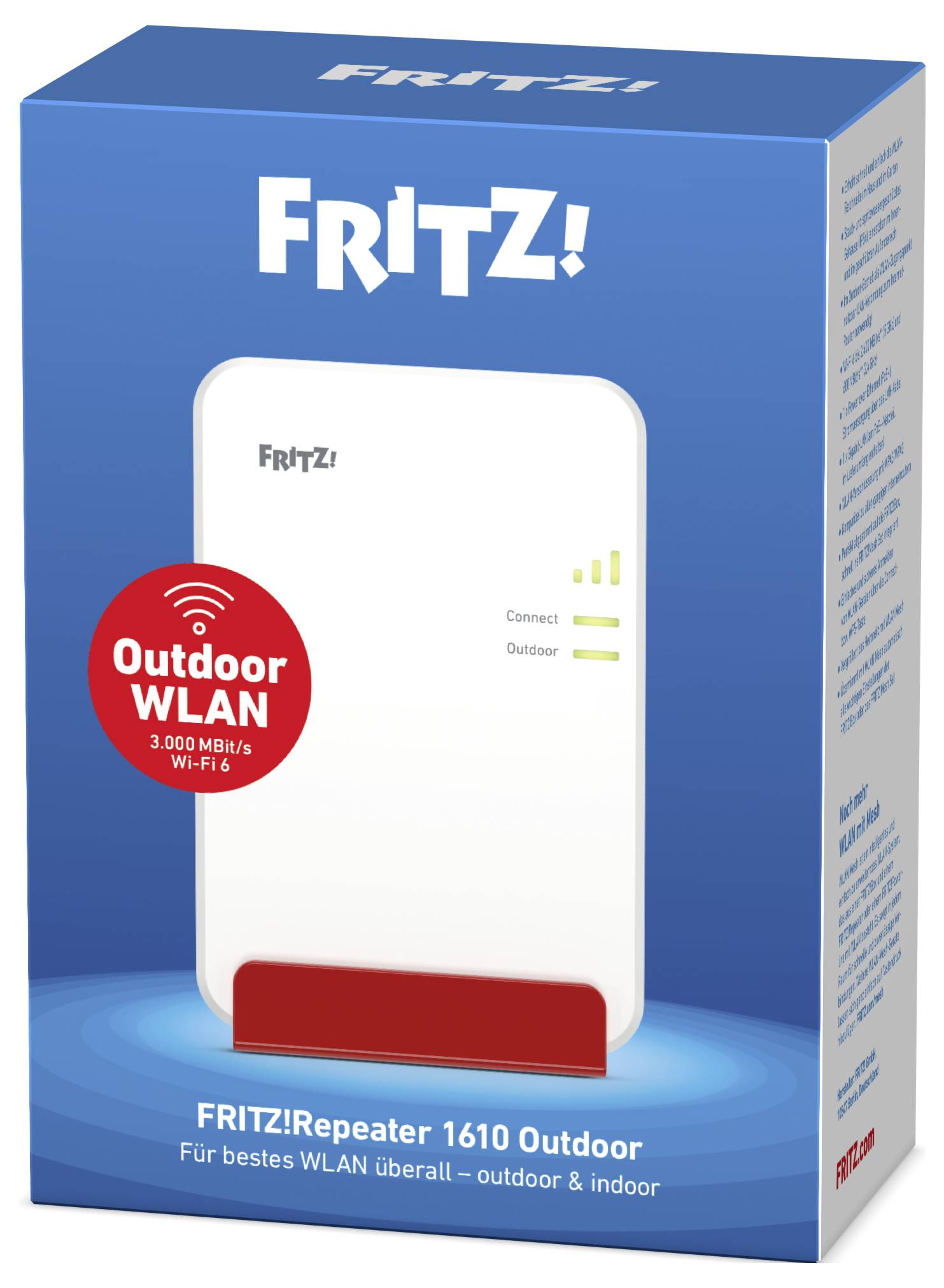 FRITZ!Repeater 1610 Outdoor box, highlighting 3000 Mbps Wi-Fi support, suitable for outdoor and indoor use. Includes connectivity indicators.