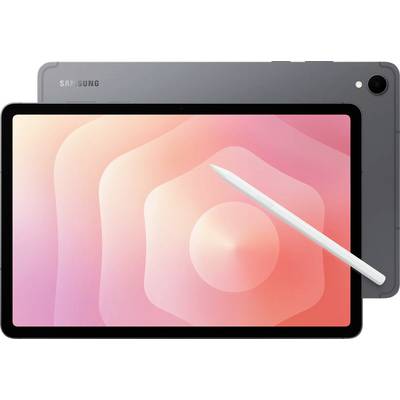 A sleek tablet with a white stylus on its screen, displaying a pink and orange gradient, set against its gray rear side.