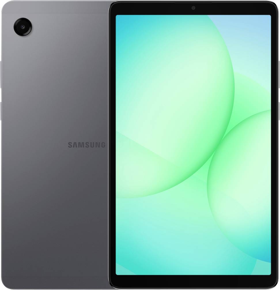 A black tablet with a camera on the top left corner, displaying a green abstract background on the screen.