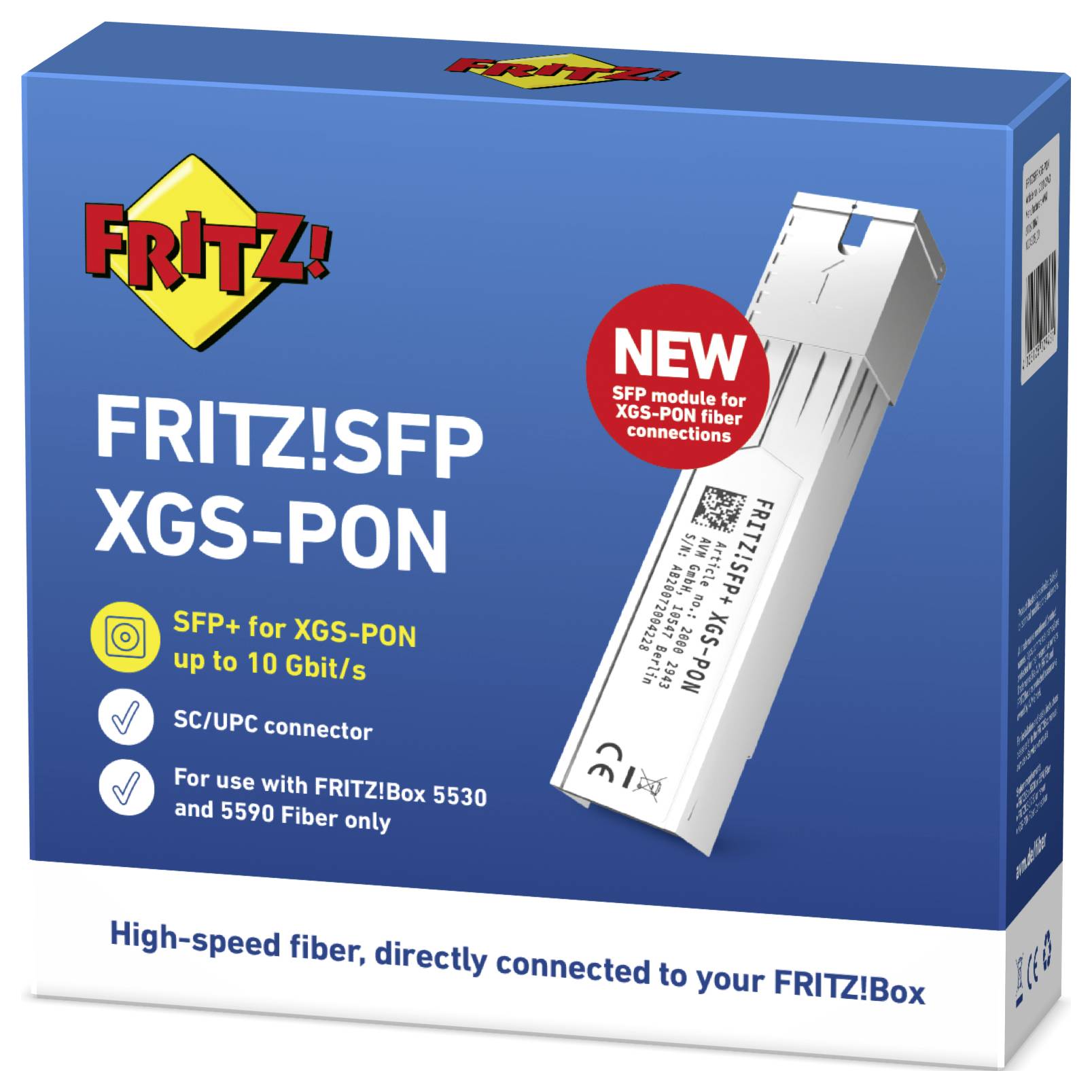 Packaging of 'FRITZ!SFP XGS-PON' module, highlighting features like SFP+ for XGS-PON, up to 10 Gbit/s speed, and SC/UPC connector.